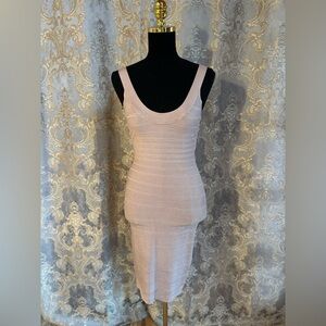 Herve Leger Neutral Midi Bodycon Dress Blush Neutral Small